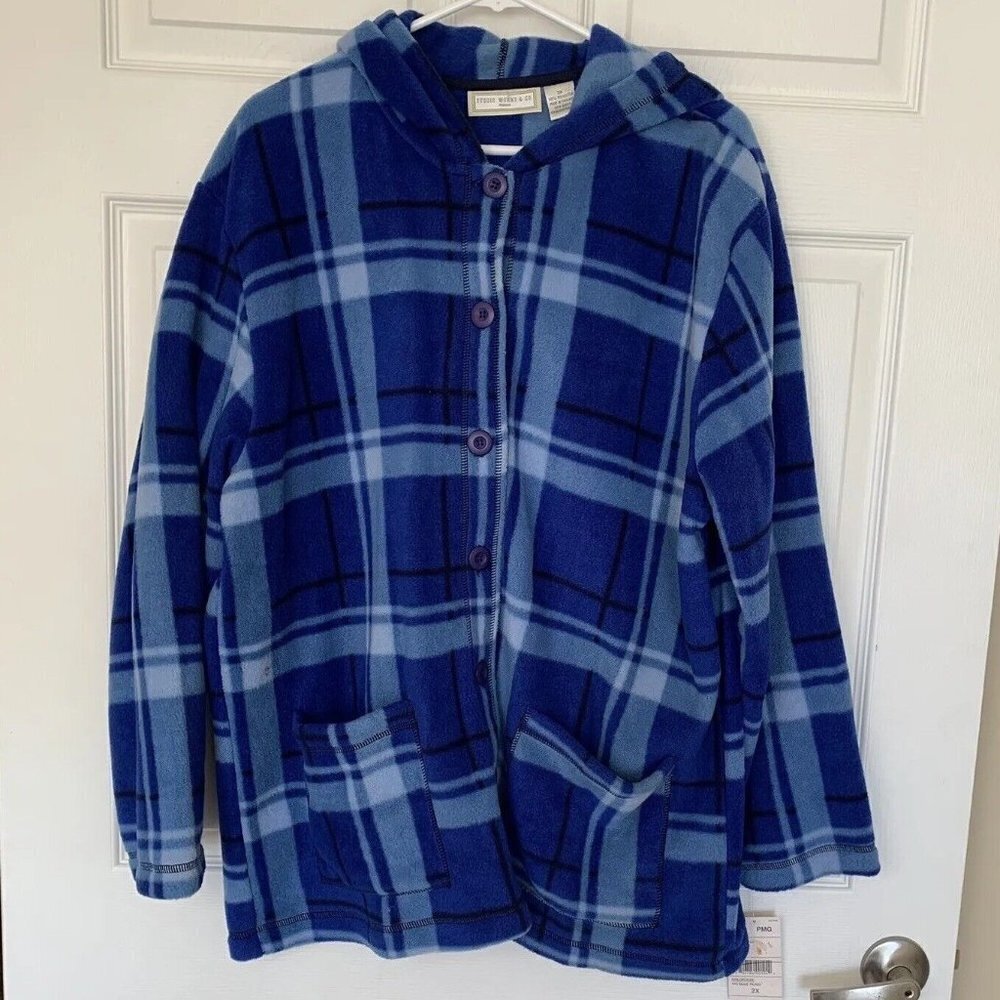 Vintage 90s Studio Works & Co Woman 2X Blue Plaid Fleece Jacket New